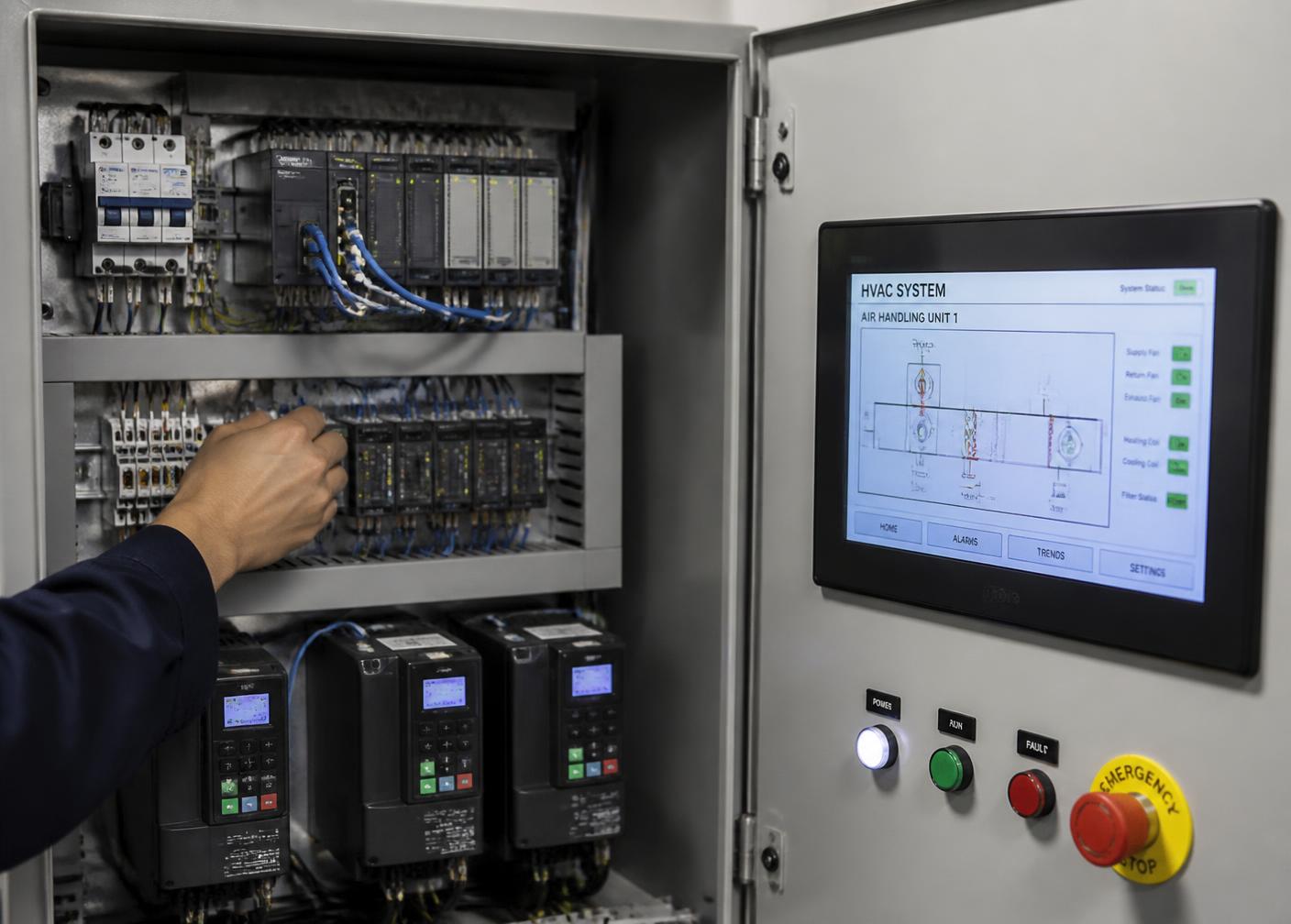 Painel de automação industrial com CLP, inversores de frequência e IHM de controle de climatização