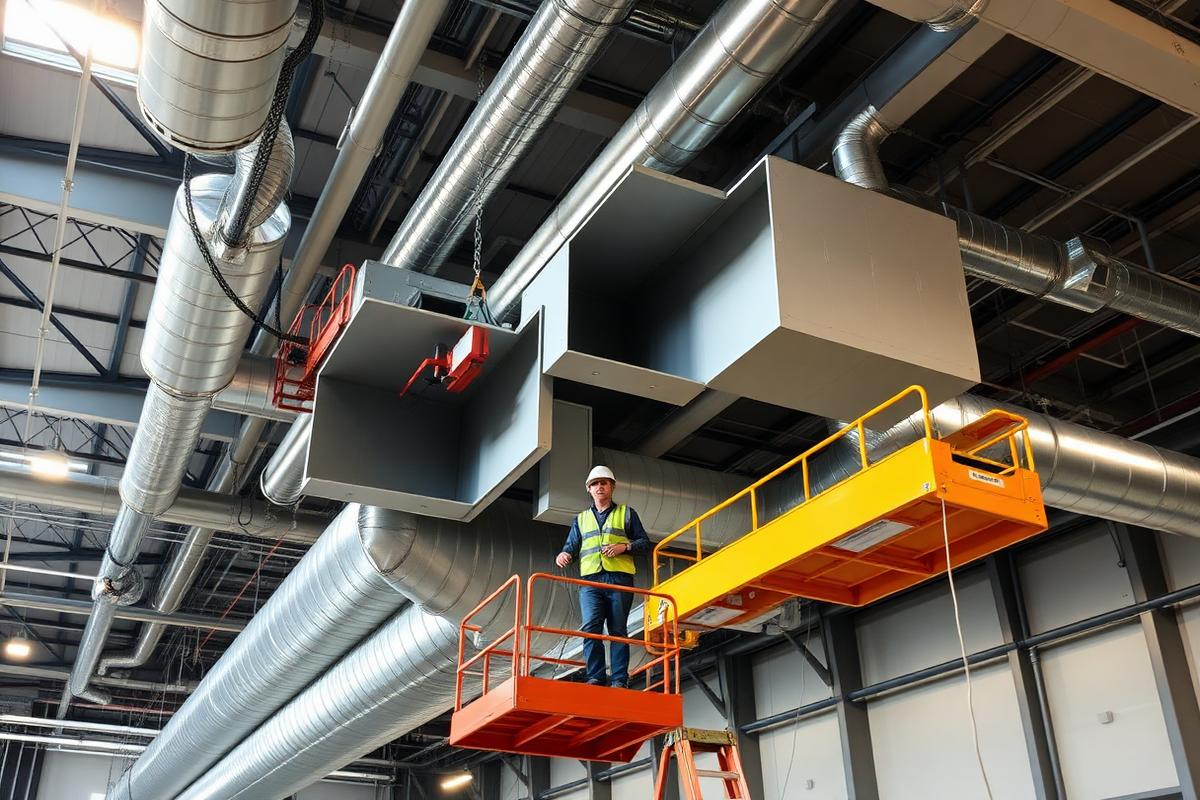 Instalação de dutos de distribuição de ar em planta industrial