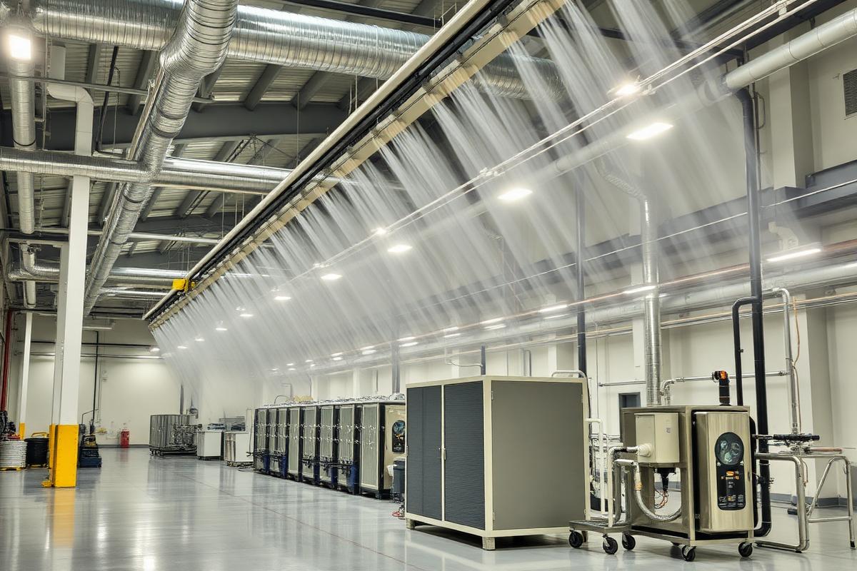 Sistema de umidificação industrial em operação em galpão produtivo