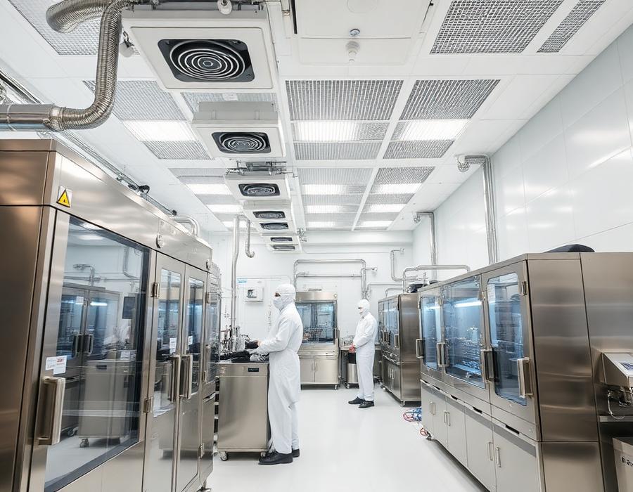 Sala limpa farmacêutica com filtros de ar no teto
