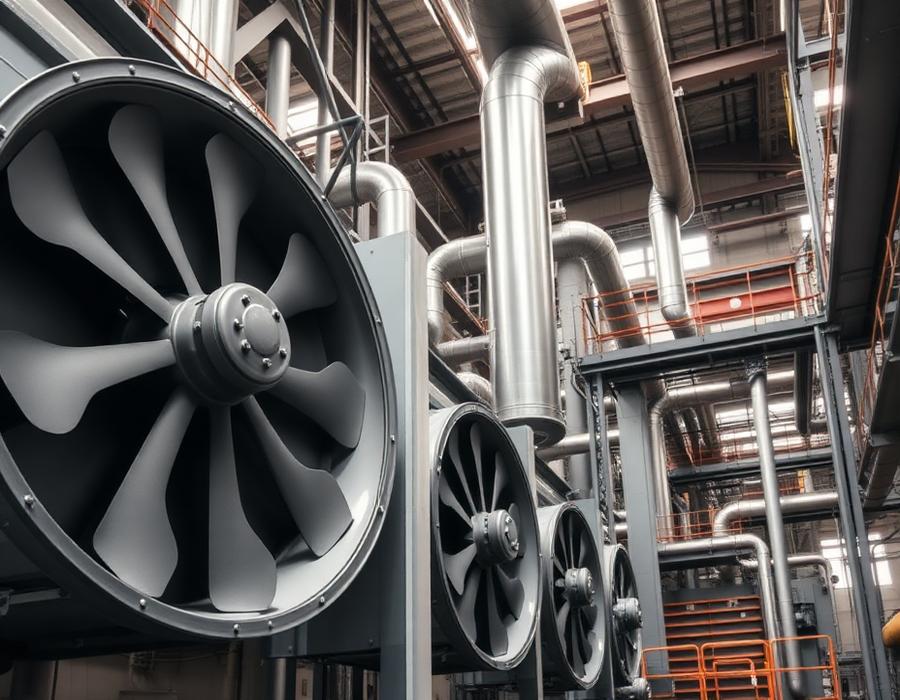 Ventiladores industriais de grande porte em planta de processo